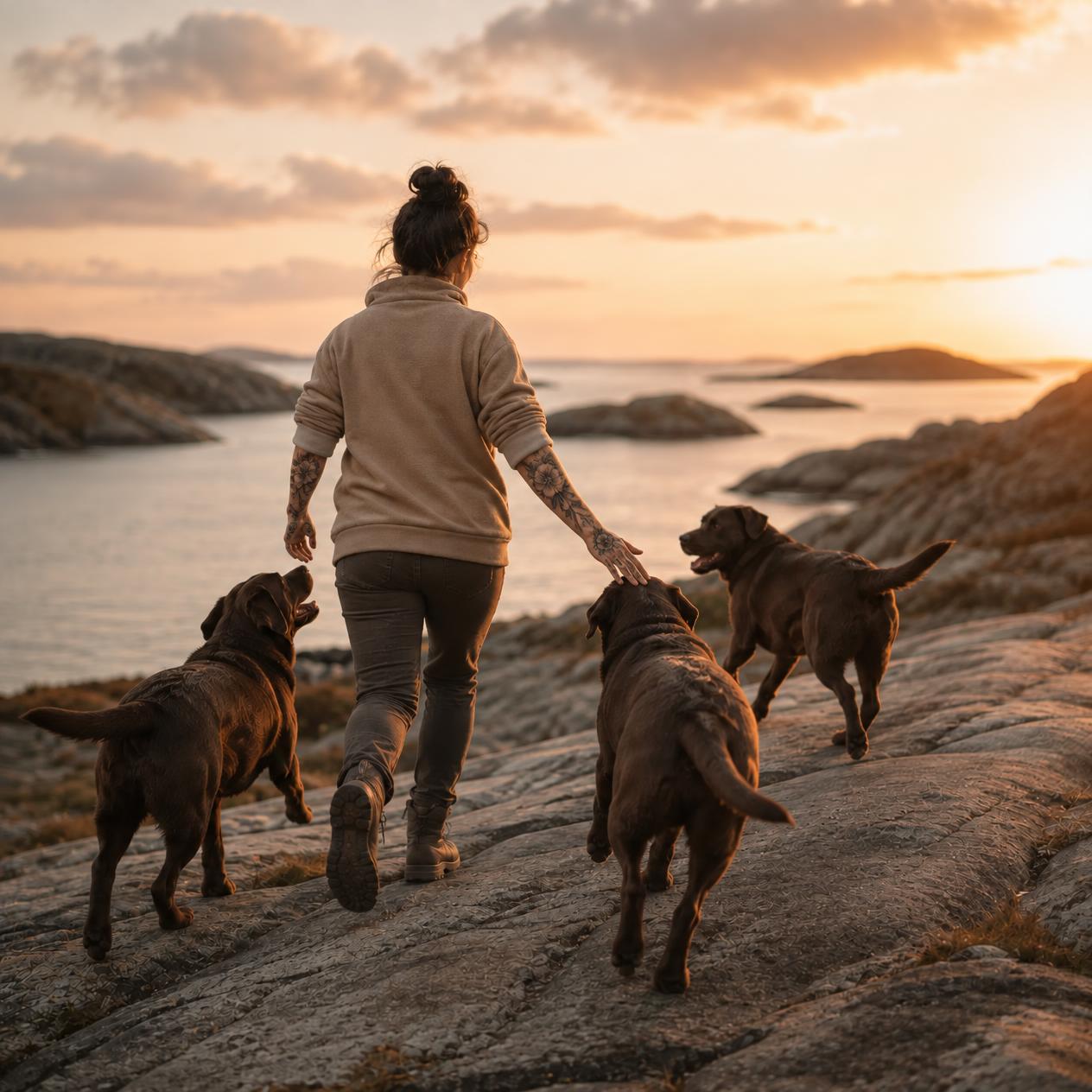 Promenad med tre bruna labradorer längs klipporna i solnedgång